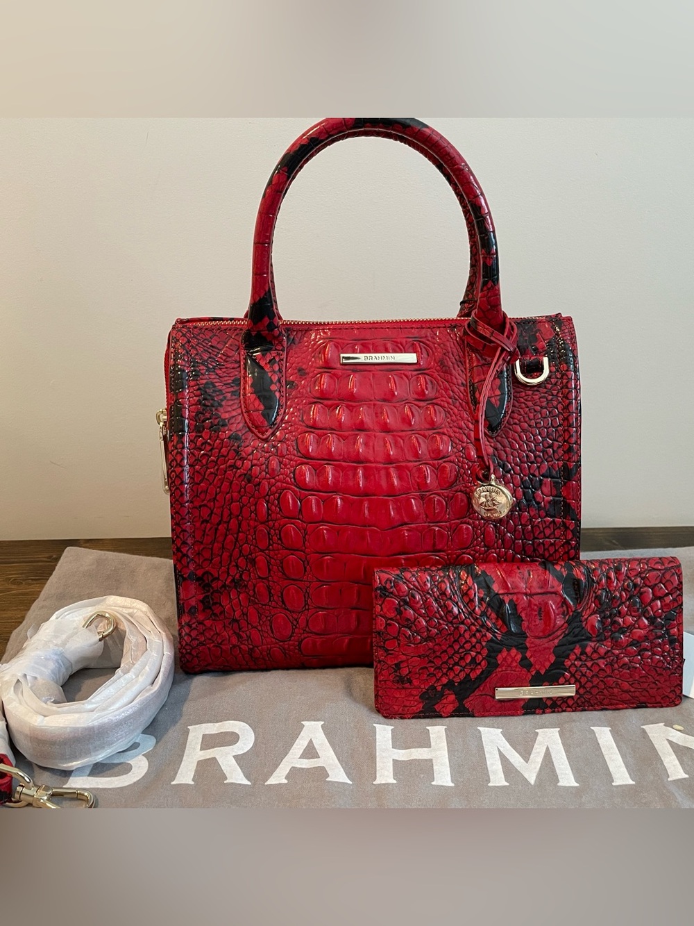 Brahmin Red Small Caroline Lipstick Ombré Bag with Matching Wallet